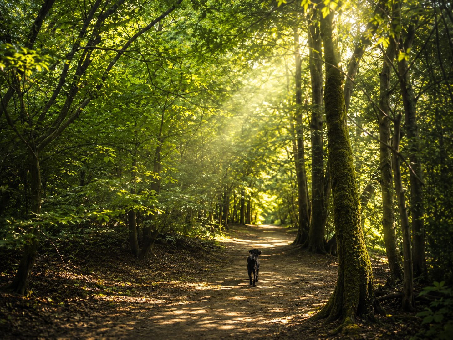 A woodland path in morning light at Ashenground
