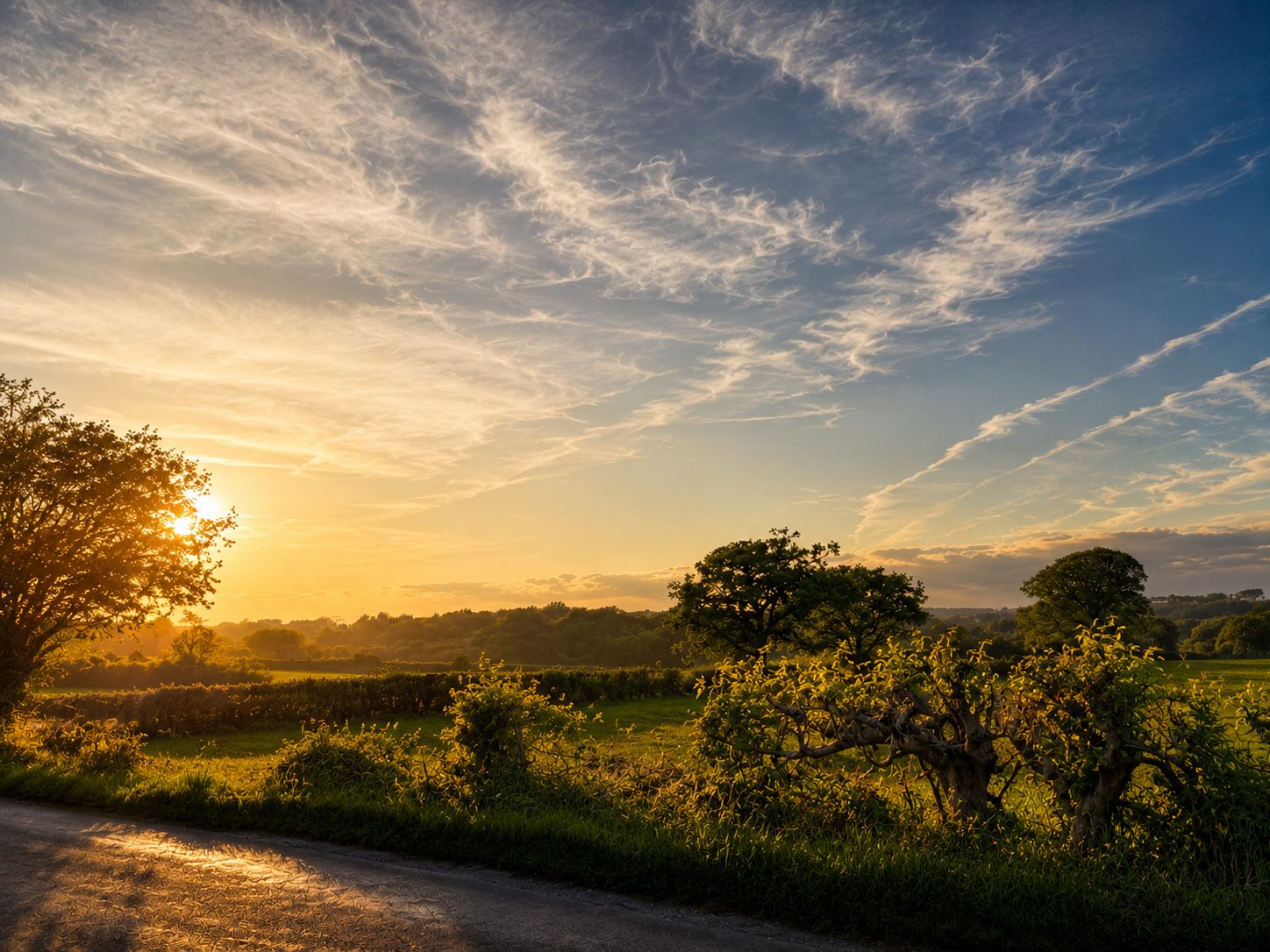 Evening light over the fields on the approach to Lindfield